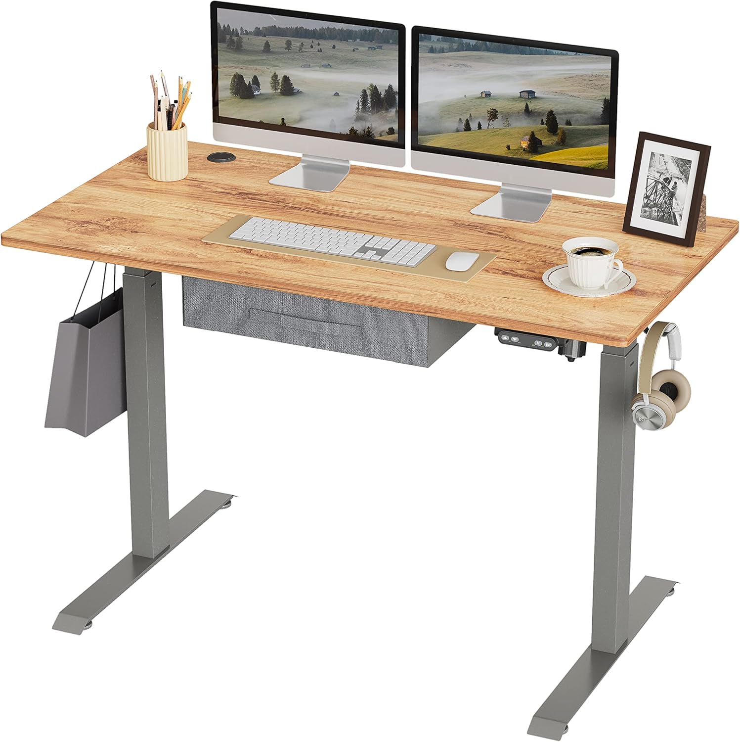 BANTI Adjustable Height Standing Desk with Drawers, 48x24 Inches Electric Stand Up Desk, Sit Stand Home Office Desk with Black Frame/Black Top