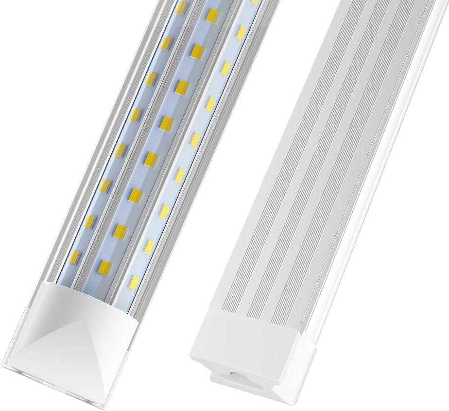 (Pack of 4) SHOPLED 8ft LED Shop Light, 90W 11700LM 6000K, Cool White, Triple Sided D Shape, High Output, Clear Cover, T8 Integrated LED Tube Light for Garage 8 Foot with Plug, Warehouse, Workshop