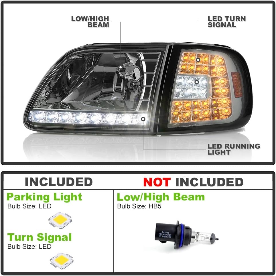 ACANII - For Smoked 1997-2003 Ford F150 Expedition LED Strip DRL Headlights+LED Corner Lights Driver & Passenger Side