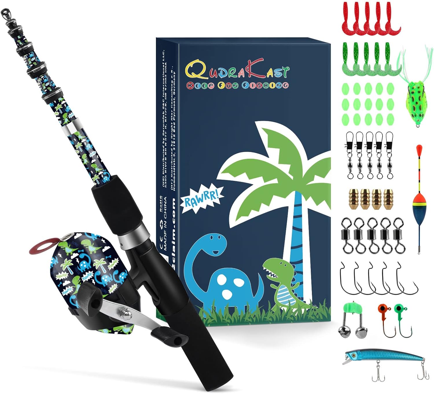 QudraKast Kids Fishing Pole, Portable Kids Fishing Rod and Reel Combo - Melding Funny Cartoon Pattern on Rod and Reel, Perfect Fishing Kit Gift for Kids Pack of 2