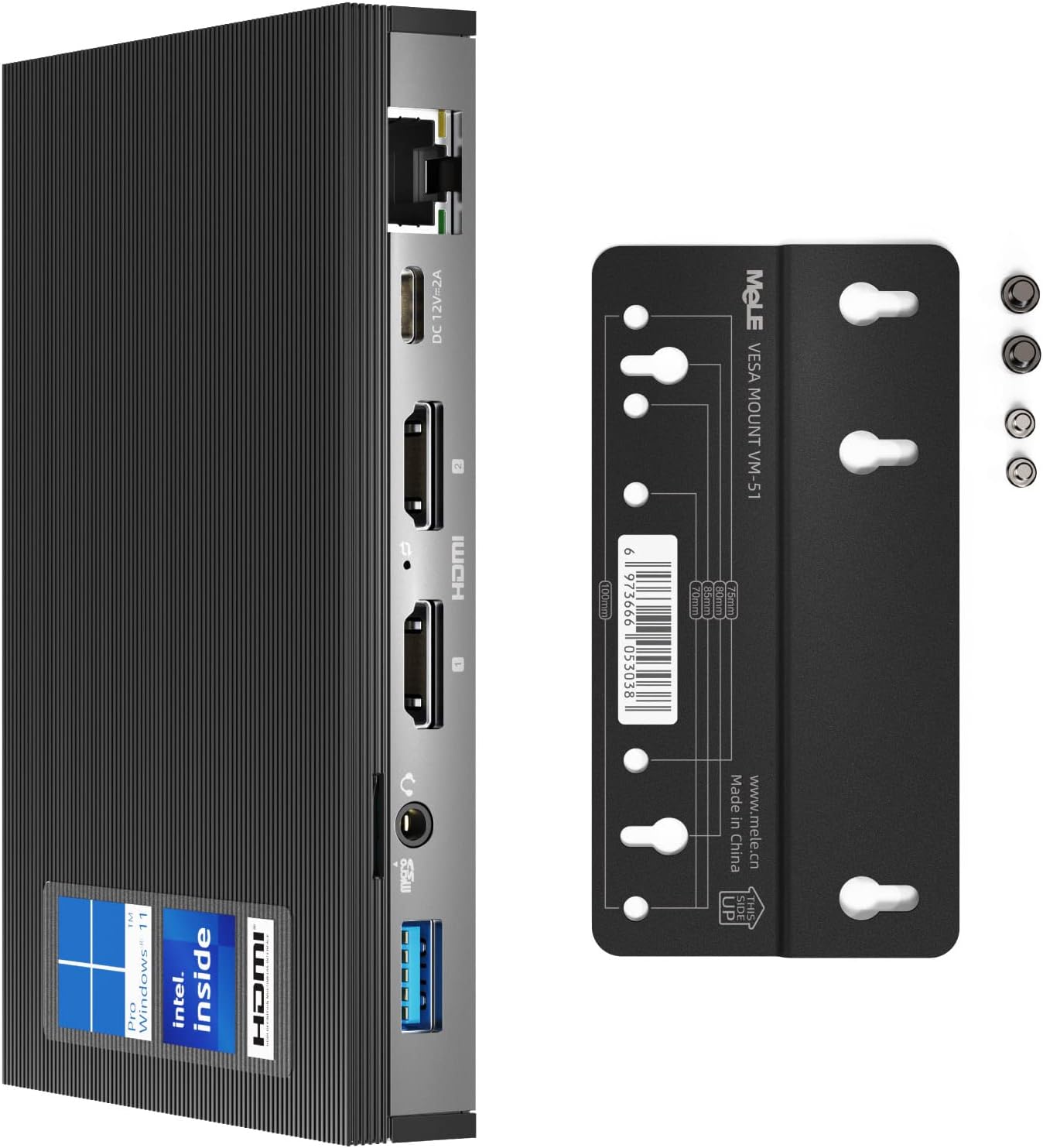 MeLE Quieter2Q Fanless Mini PC Window11 Pro Celeron J4125 8GB/128GB Small Desktop Computer Support M.2 SSD up to 4TB, Dual HDMI 4K Output, BT4.2, 2.4G/5.8G Wi-Fi, USB, Ethernet Port, VESA Mount