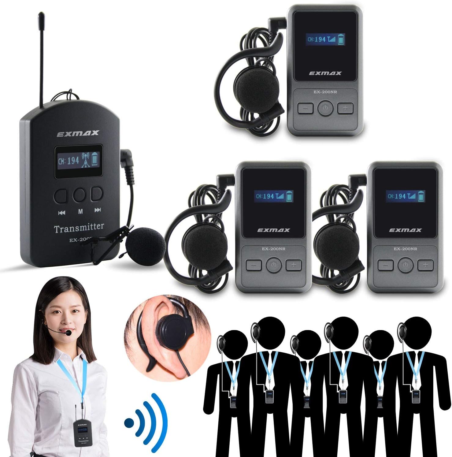 EXMAX EX-200N UHF Wireless Tour Guide Church Translate Device 200 Channels for Tourism, Conference, Auditorium, Language Interpretation, Command Training - 1 Transmitter & 3 Receivers