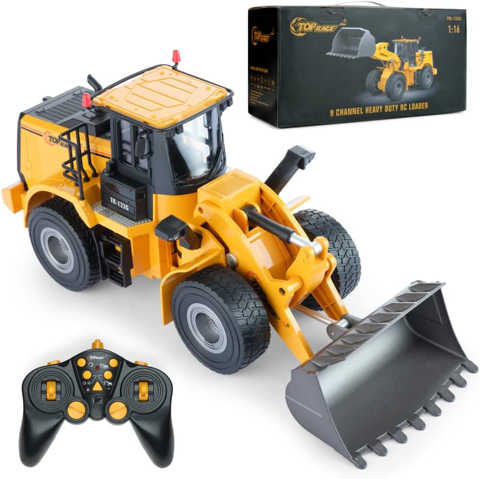 Top Race 9 Channel Toy Truck, Heavy Duty Remote Control Front Loader, RC Remote Control Construction Tractor with Lights & Sounds 2.4Ghz Metal Shovel and Parts Hobby Grade (TR-133G) Pack of 2