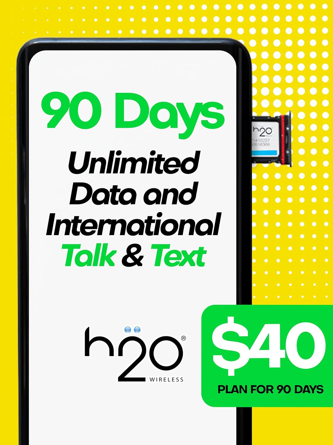 H2O Wireless SIM Card $40 Plan — Preloaded Triple-Cut SIM with Unlimited Data & International Talk & Text and 15GB High-Speed 4G LTE/5G Data Coverage (90-Day Plan)