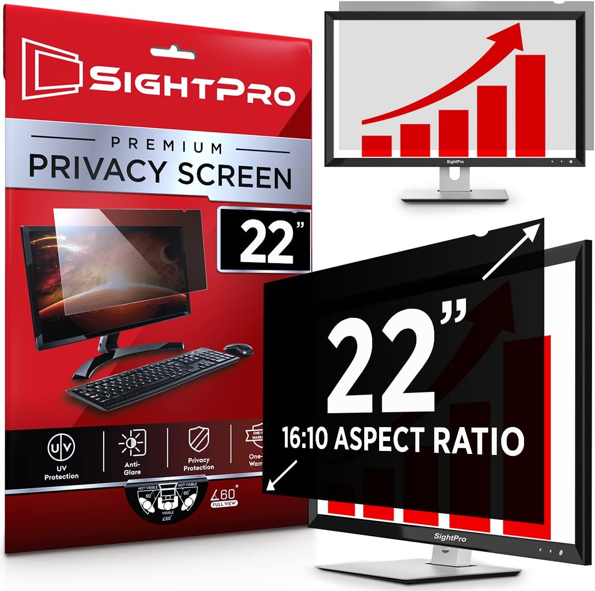 SightPro 22 Inch Computer Privacy Screen Filter for 16:10 Widescreen Monitor - Privacy Shield and Anti-Glare Protector Pack of 2