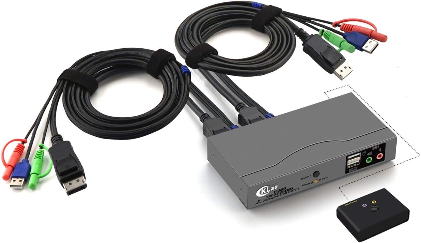 CKLau 4Kx2K@60Hz DP 1.2 Dual Port Displayport KVM Switch with Audio and Cables for 2 Computers 1 Monitor Support Keyboard Mouse Switching Pack of 2