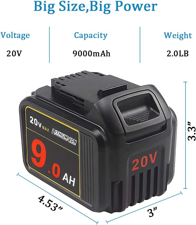 TENMOER 20V 9.0Ah Premium Battery Compatible with Dewalt 20V DCF/DCD/DCL Series Cordless Tools with Digital Indicator Pack of 2