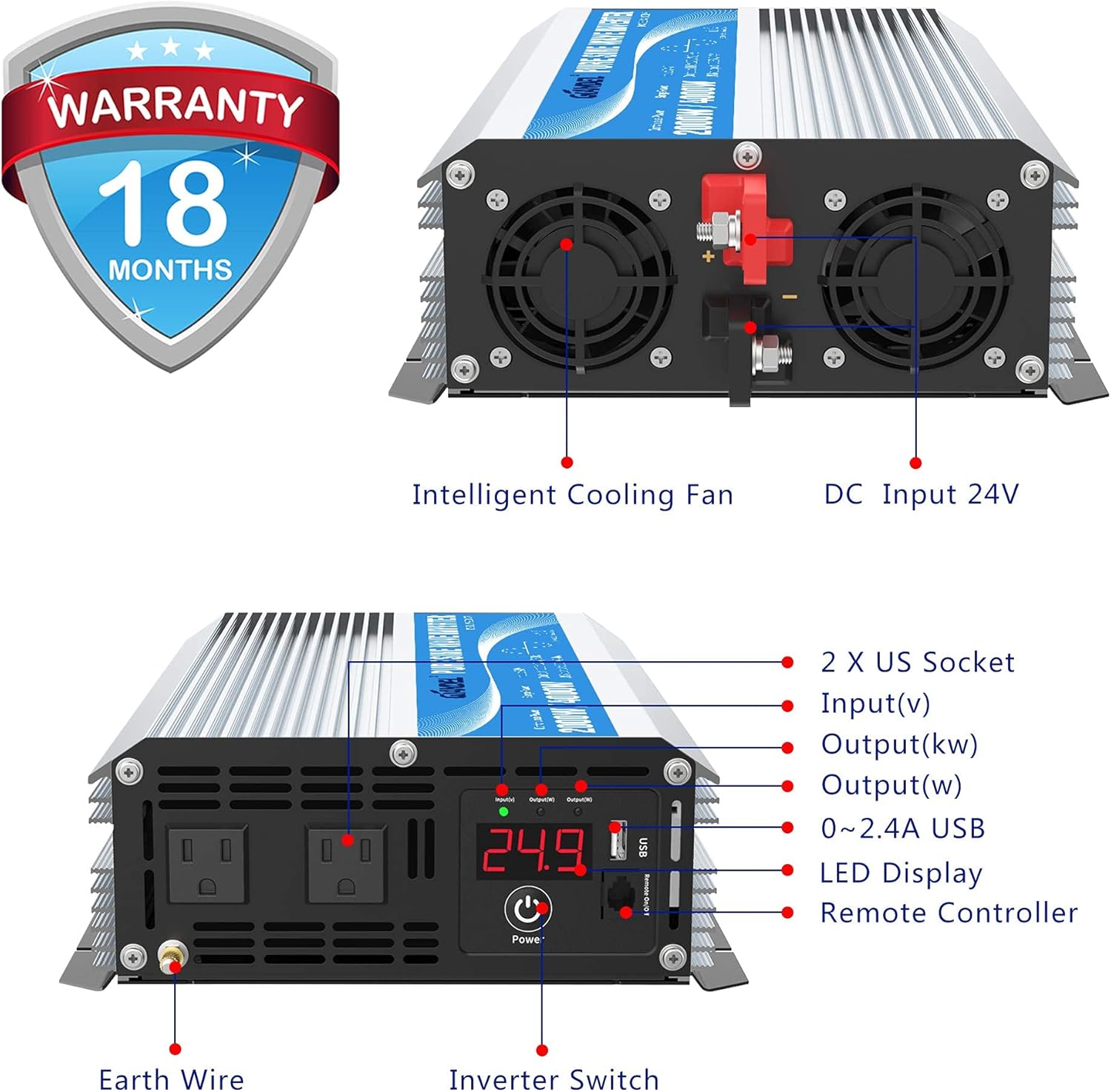GIANDEL 24 Volt 2000W Pure Sine Wave Power Inverter DC 24V to AC120V with Dual AC Outlets with Remote Control 2.4A USB and LED Display