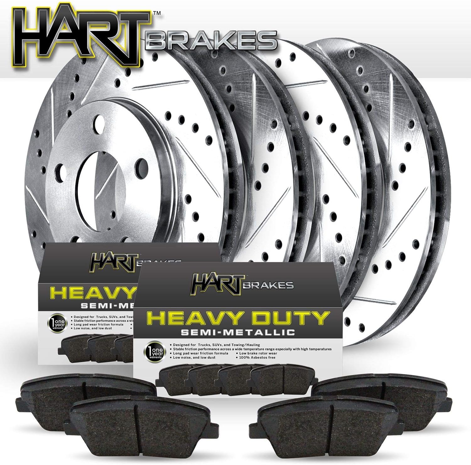 Hart Brakes Front and Rear Brake Rotors Silver Drilled Slotted Heavy Duty Pads Compatible For 2003-2004 Dodge Dakota