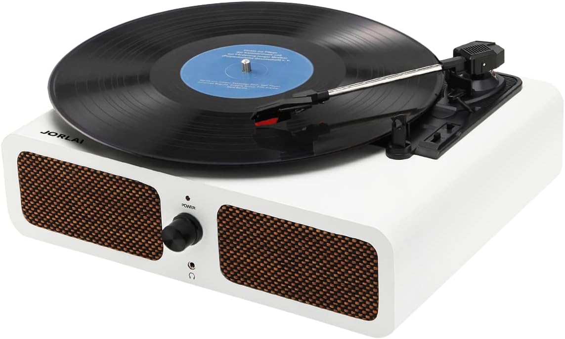 JORLAI Record Player Vintage Turntable 3-Speed Bluetooth Vinyl Player LP Record Player with Built-in Stereo Speaker Nostalgic Phonograph White Pack of 2