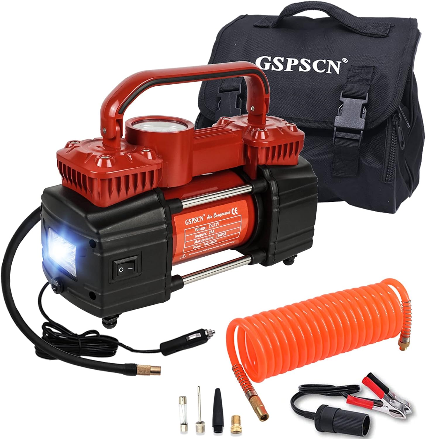 GSPSCN Dual Cylinder DC 12V Air Compressor for Car, Heavy Duty Portable Tire Inflator,Tire Pump 150PSI with LED Light for Auto,Truck,SUV, RV,Balls etc (RED) Pack of 2