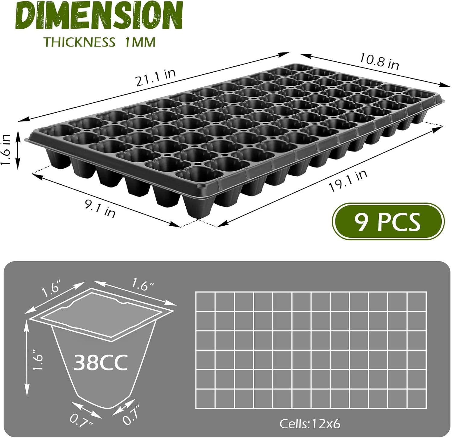 18 Pcs Seed Starter Tray and Base Tray 72 Cells per Plant Growing Tray No Drain Holes on Base Tray Seedlings Starter Tray Kit for Indoor Gardening Hydroponic Germination Wheatgrass Microgreens Pack of 2