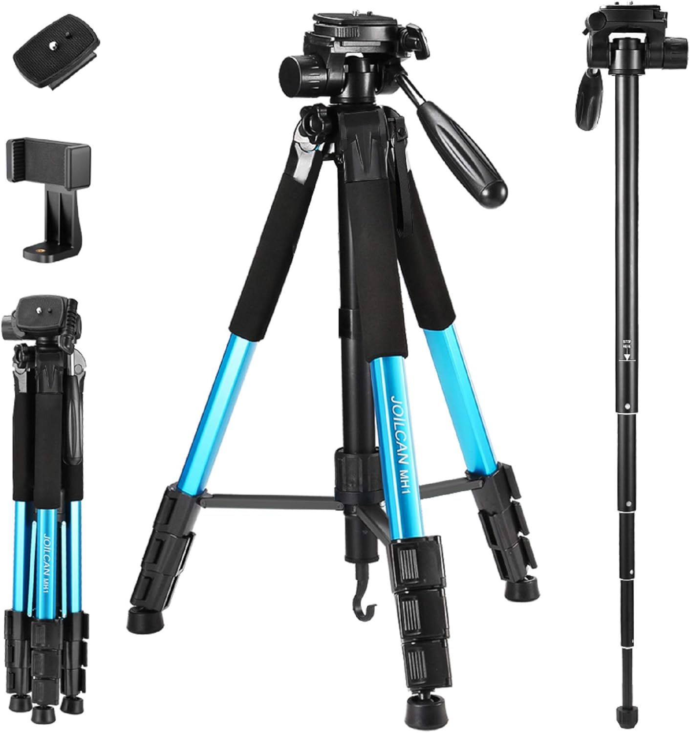 72-Inch Camera/Phone Tripod, Aluminum Tripod Travel Monopod Full Size for DSLR with 2 Quick Release Plates,Universal Phone Mount and Convenient Carrying Case Ideal for Travel and Work - MH1 Blue Pack of 2
