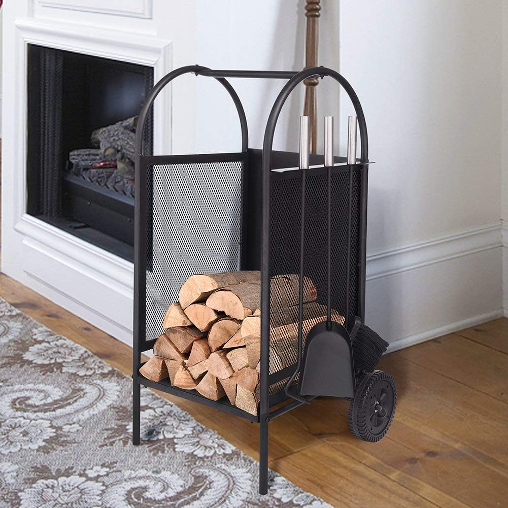 Firewood Log Rack Fireplace Tool Sets Black Wrought Iron Firewood Storage Holder Fireplace Wood Carrier Fireside Lumber Stacking Log Bin Brush Shovel Poker Tongs 17.8 x 11.8 x 29.3in Pack of 2