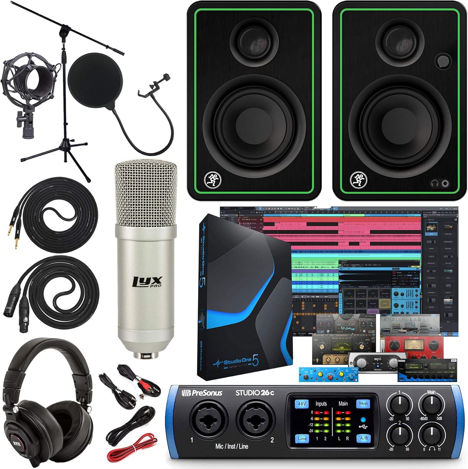 PreSonus Studio 26c 2x4,192 kHz USB Audio/MIDI Interface with Studio One 5 Artist Software Pack with CR3-X Pair Studio Monitors and 1/4” Instrument Cables