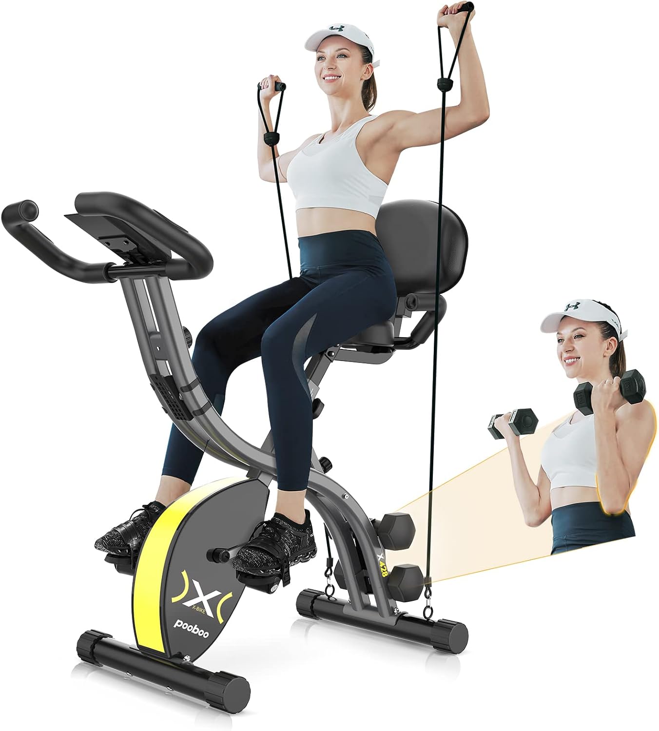 Pooboo Foldable Exercise bike,Indoor Cycling Bike,Folding Magnetic Upright Stationary bike with LCD Monitor&phone holder, Dumbbells,Pull Rope,Pulse,phone Holder