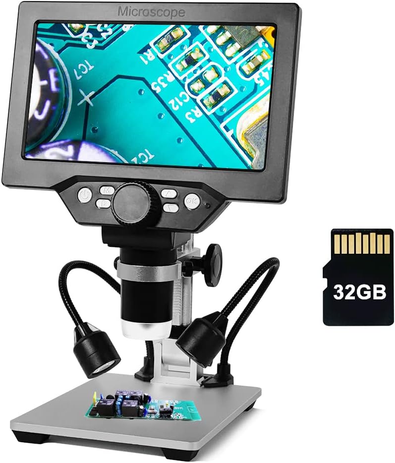 HAFGYKIO 7 inch 1080P LCD Digital Microscope with 32G TF Card, USB Video Camera Microscope, 1200X Magnification Zoom, 12 Megapixels, 8 Adjustable LED Light (UM002B)