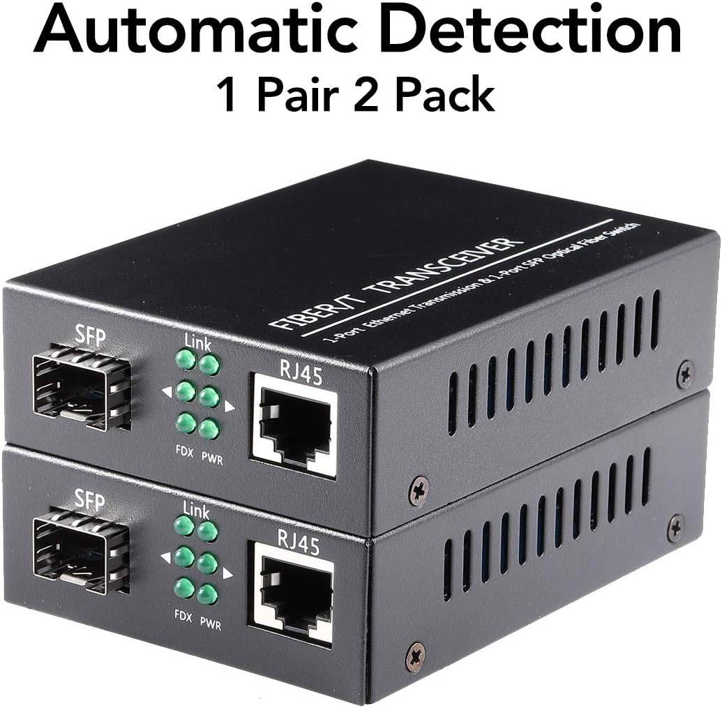 A Pair of 1.25G/s Bidi Gigabit Single-Mode Fiber Ethernet Media Converter with 2PCS Bidi SFP LC Transceiver Module Included, 10/100/1000Base-Tx to 1000Base-SX SMF RJ45 to SFP Slot up to 30KM Pack of 2