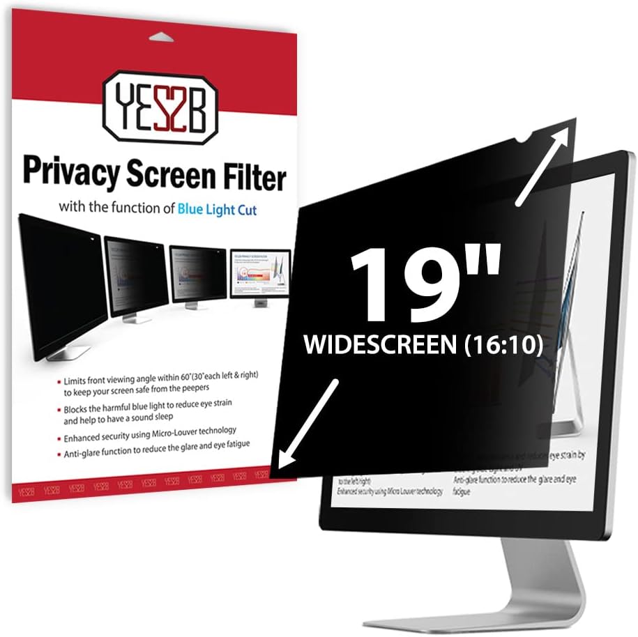 YES2B 19 Inch Monitor Privacy Screen Filter for 16:10 Widescreen Display - Computer, Monitor, Desktop PC, Anti Spy, Blue Light Blocking and Anti Glare Protector, Anti-Peeping Shield, Made Pack of 2