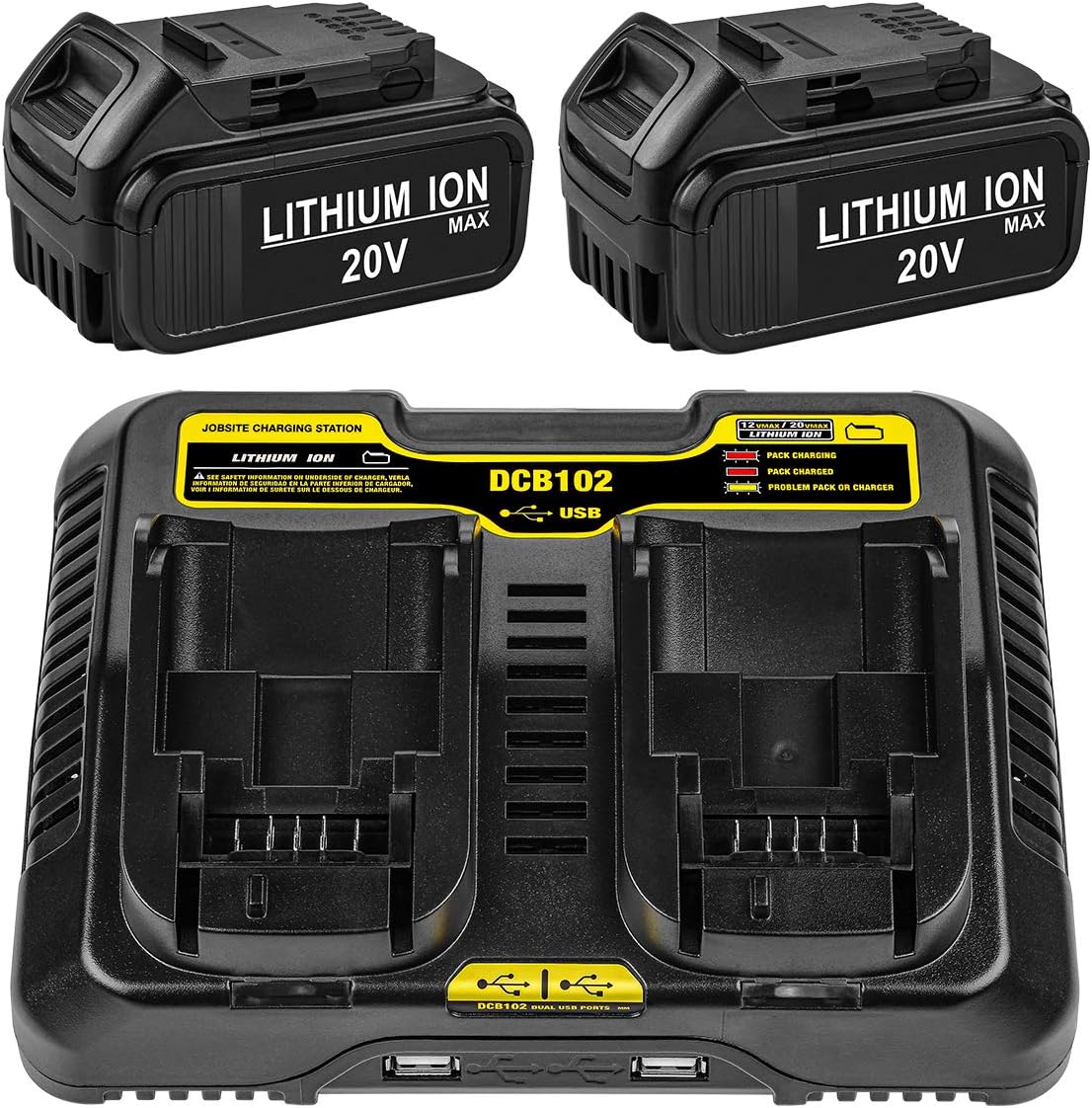 Powilling 5.0Ah 2Pack Replacement Battery for Dewalt 20V Max Battery XR DCB205 DCB204 DCB206 DCB205-2 DCB200-2 DCB180 DCD985B DCB200 Include Dewalt DCB102BP Charger