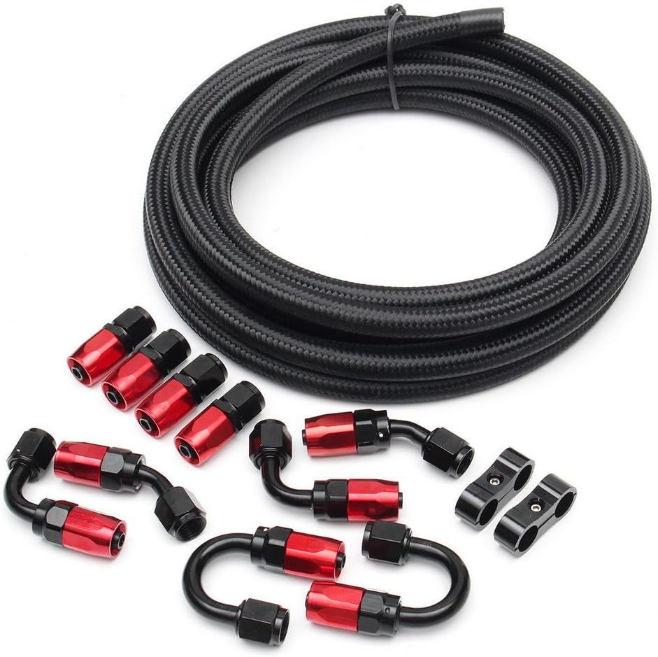 SUNROAD 6AN 16Ft Universal Braided Oil Fuel Line Hose Stainless Steel Nylon w/10PC Swivel Fitting Hose Ends & 2PC Hose Separators Kit Pack of 2