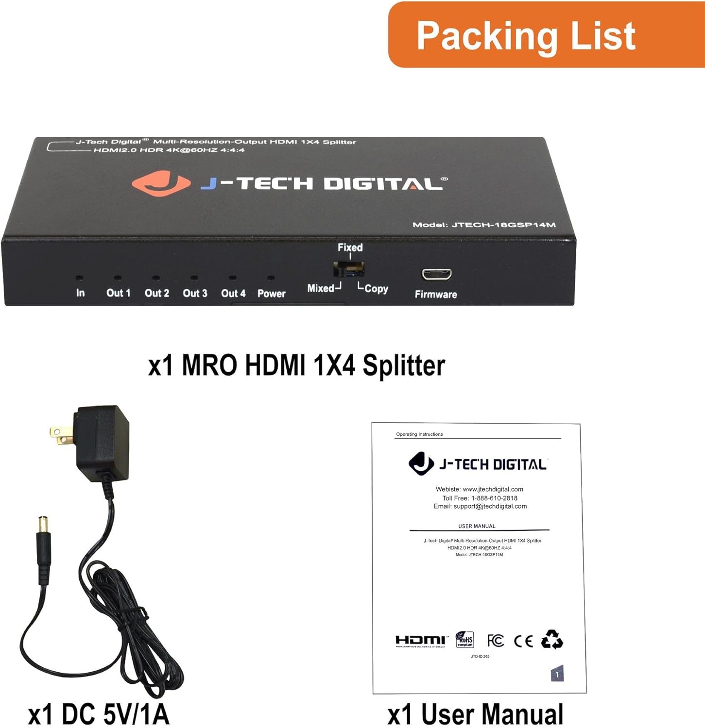 J-Tech Digital Scaler/Multi-Resolution Output (MRO) 18GBps 1x4 HDMI 2.0 Splitter HDR10/Dolby Vision 4K@60Hz 4:4:4 [JTECH-18GSP14M] Pack of 2