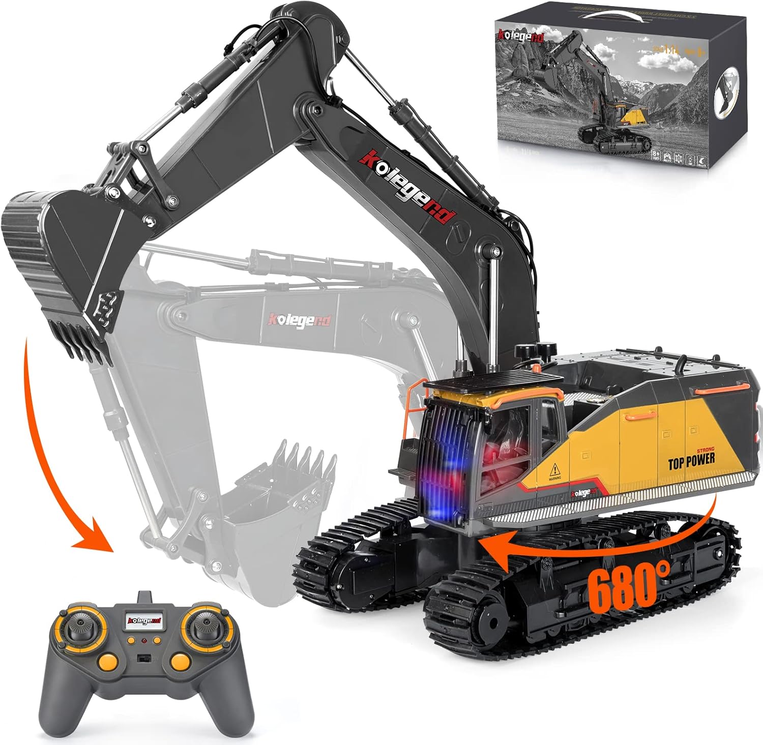 kolegend 22 Channel RC Excavator Remote Control Excavator Toy 1/14 Scale , Upgrade Full Functional Construction Vehicles Rechargeable RC Truck with Metal Shovel and Lights Sounds