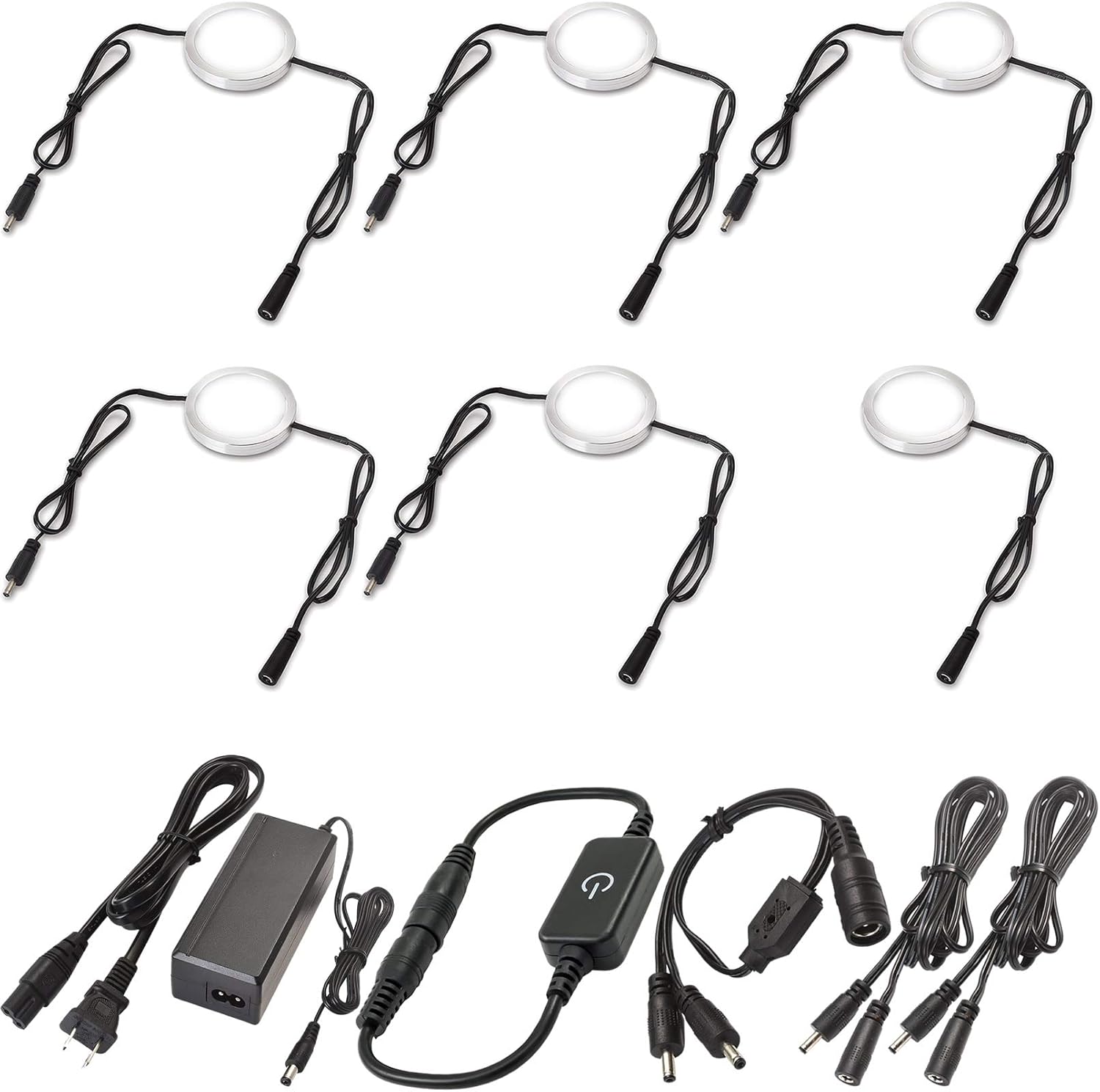 Lvyinyin Under Cabinet LED Lighting Kit Wall Plug, Touch Dimmable, 120V to 12V Puck for Kitchen Closet Counter Lighting, 12 Lights, Warm White Pack of 2