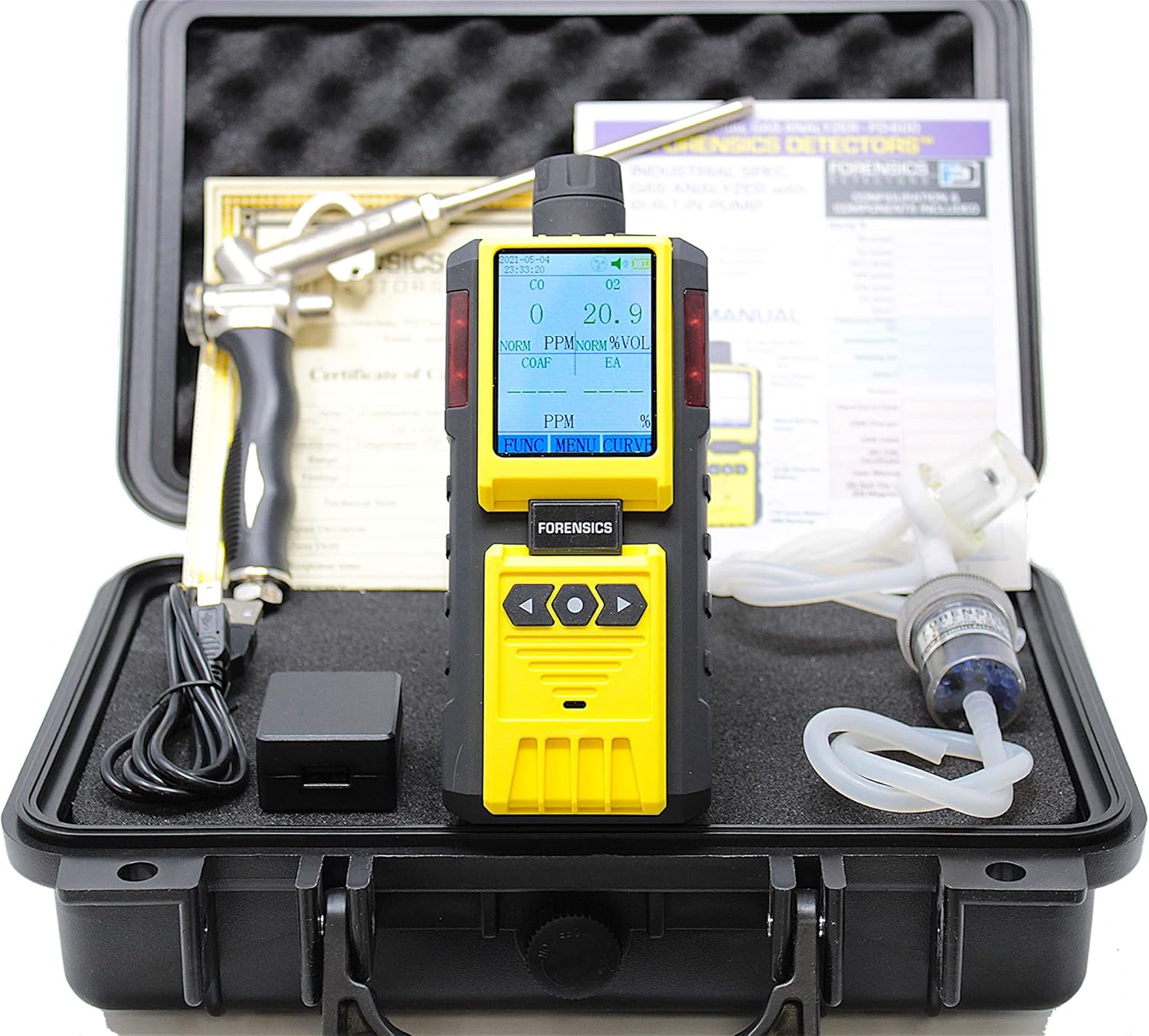 Professional Combustion Analyzer by Forensics | USA NIST Calibration | HVAC, Combustion, Flue Exhaust Gas | CO, O2, COAF & EA | Filters and Probe | Color Display, Graphing, Data Logging |