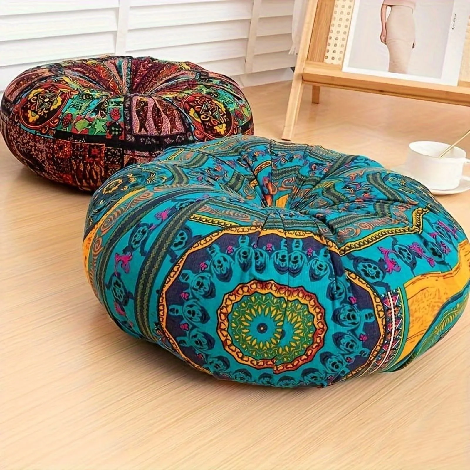 Bohemian Style Round Thick Cushion for Office, Ethnic Fabric Yoga Mat Floor Pillow Car Living Room Home Decor Seat Pad, Meditation Mat