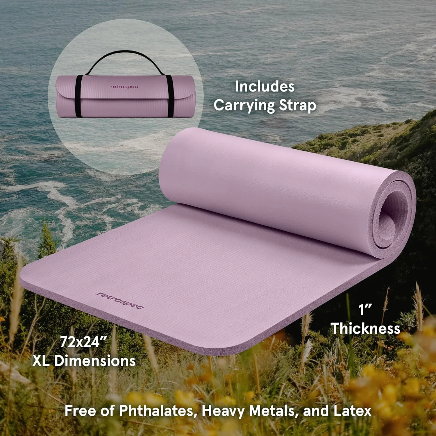 Solana Yoga Mat 1" Thick With Nylon Carry Strap for Men & Women - Non Slip Exercise Mat for Home Yoga, Pilates, Stretching, Floor & Fitness Workouts