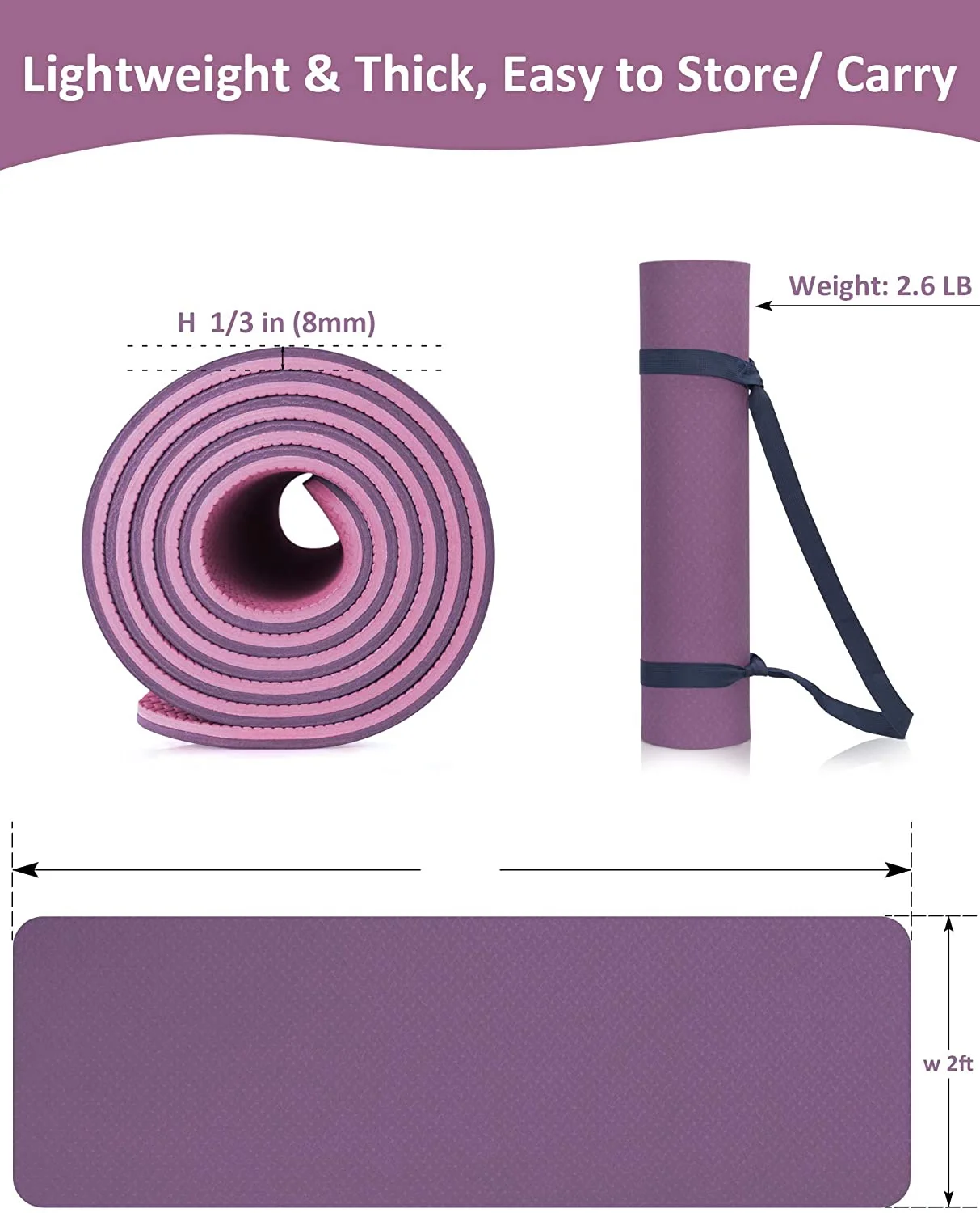 1/3 Inch (8mm) Extra Thick Exercise Workout Yoga Mat with Carrying Strap
