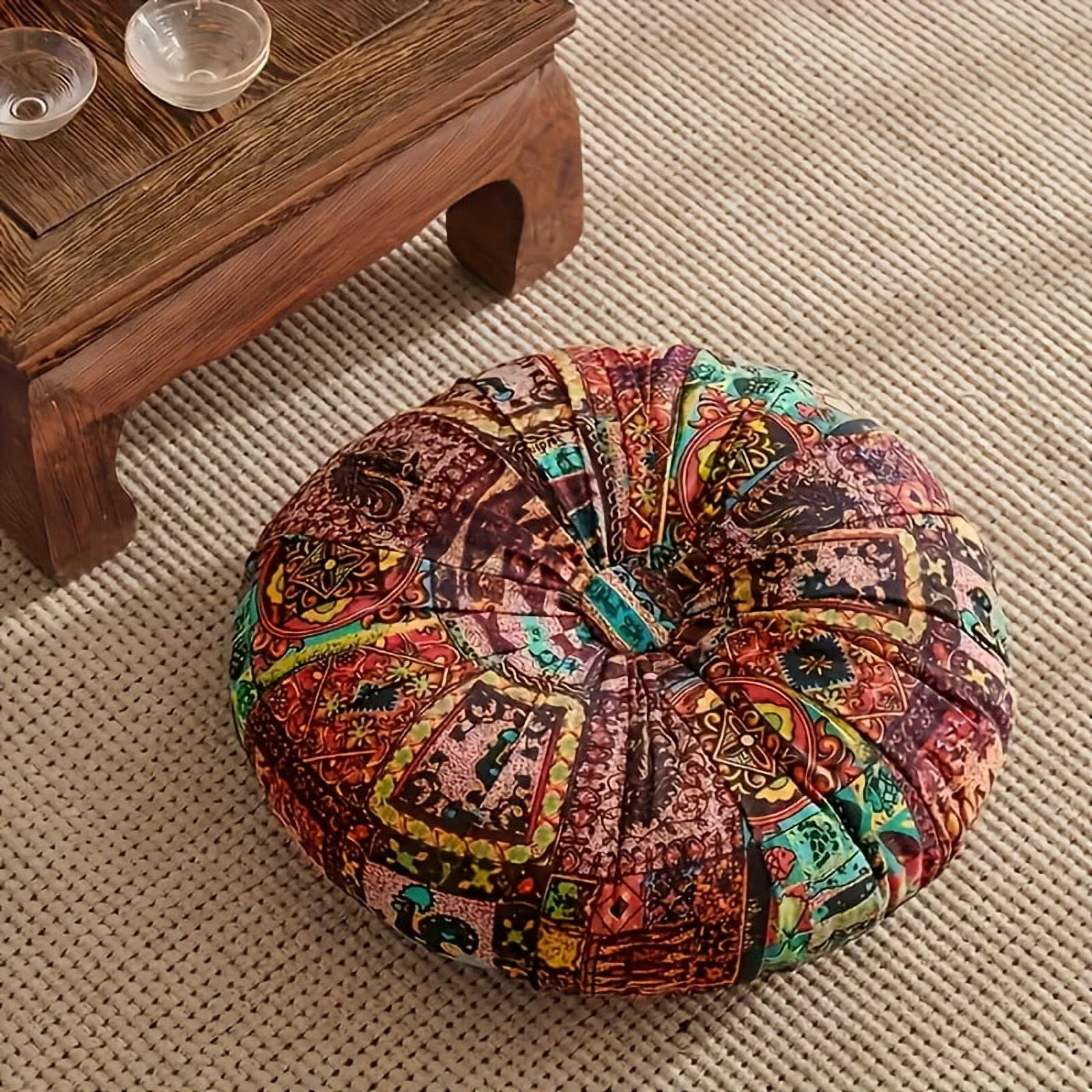 Bohemian Style Round Thick Cushion for Office, Ethnic Fabric Yoga Mat Floor Pillow Car Living Room Home Decor Seat Pad, Meditation Mat