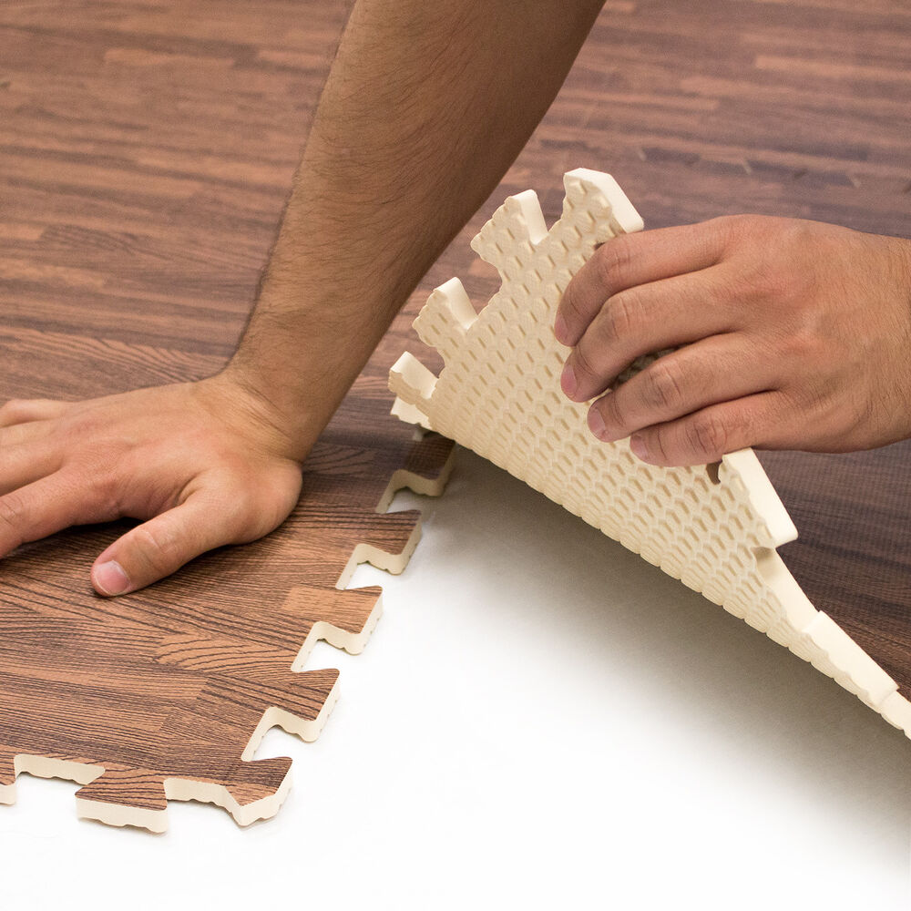 12-Pk Dark Wood Grain Foam Tiles- DIY Installation- Interlocking Floor Yoga Mat for Bedroom, Living Room, Office