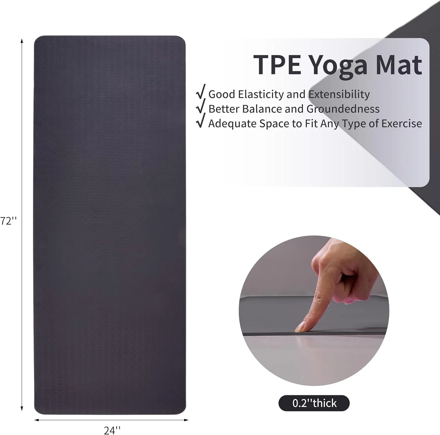 Non-Slip TPE Yoga Mat for Women & Men, 72"x24" Extra-Long Pilates Mats for Hot Yoga, HIIT, Floor Workouts, Lightweight Fitness Mat with Dual Grip