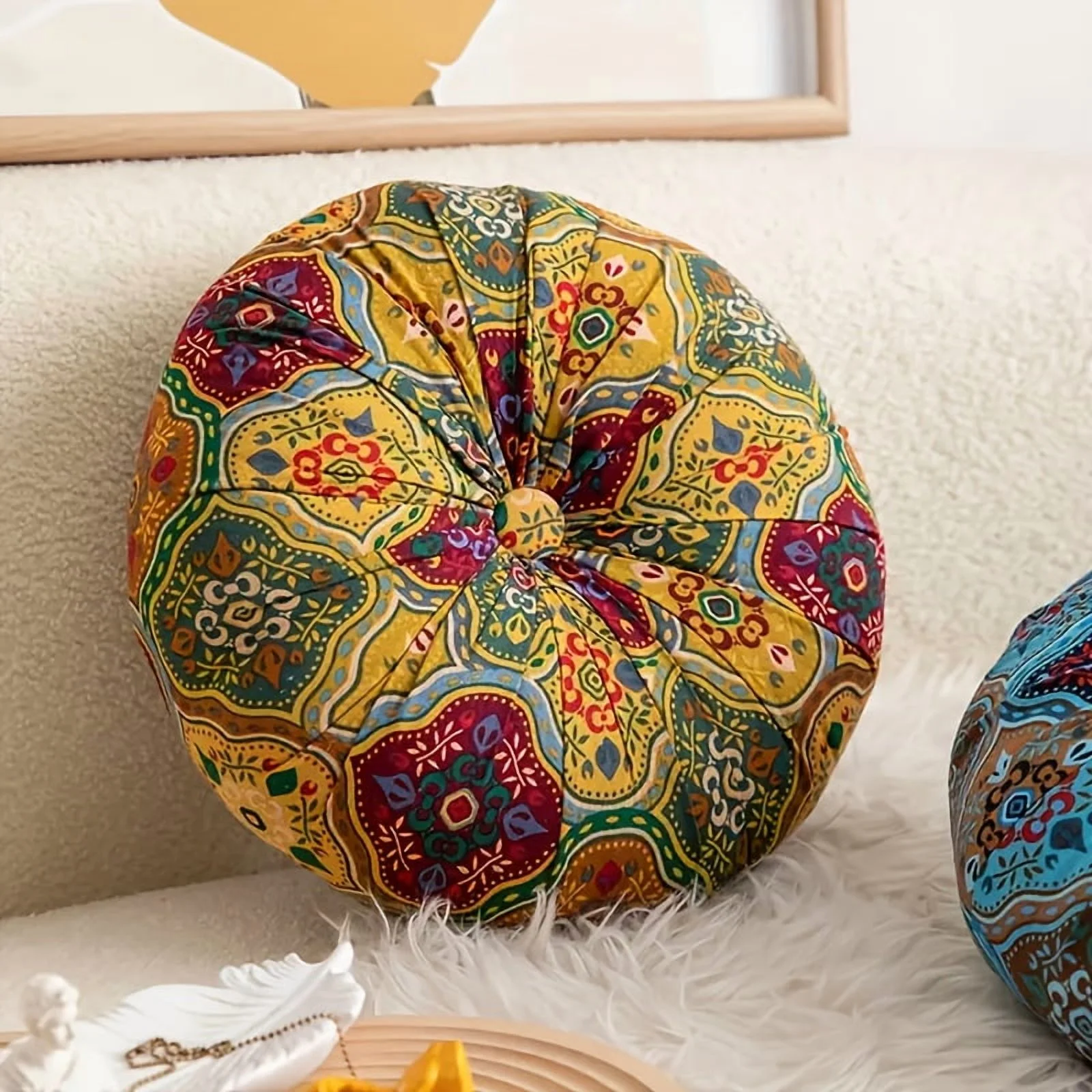 Bohemian Style Round Thick Cushion for Office, Ethnic Fabric Yoga Mat Floor Pillow Car Living Room Home Decor Seat Pad, Meditation Mat