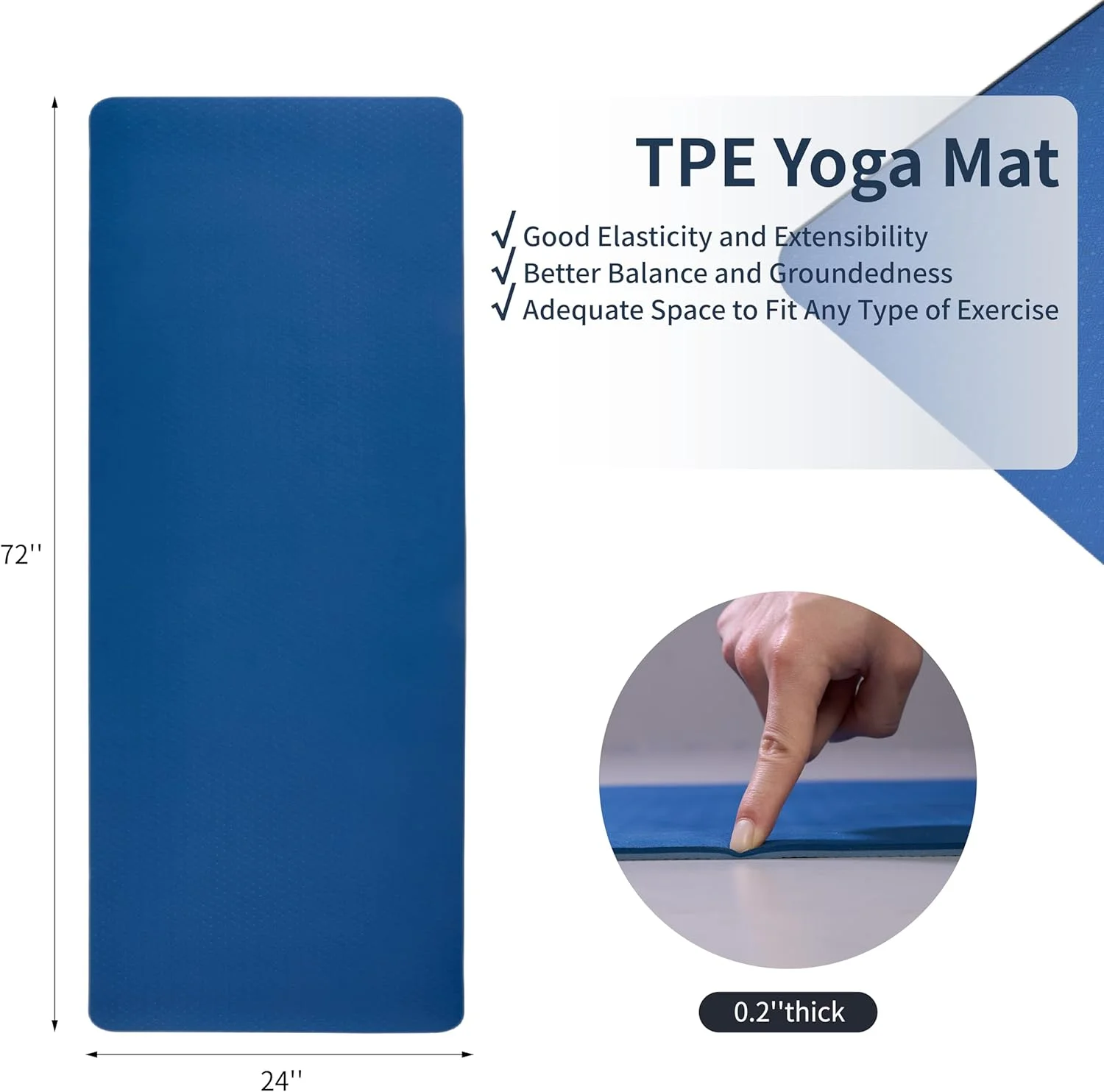 Non-Slip TPE Yoga Mat for Women & Men, 72"x24" Extra-Long Pilates Mats for Hot Yoga, HIIT, Floor Workouts, Lightweight Fitness Mat with Dual Grip