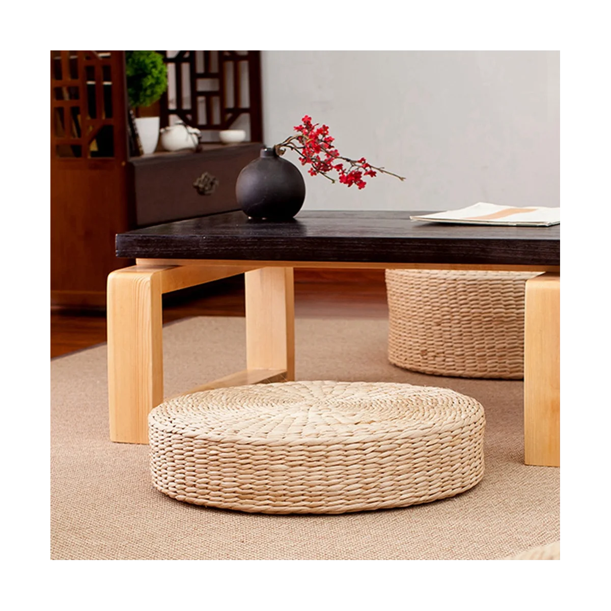 2 Pcs 45cm Yoga Mats Round Pouf Floor Pillow Seat Cushion Straw Thickening Soft Yoga Equipment