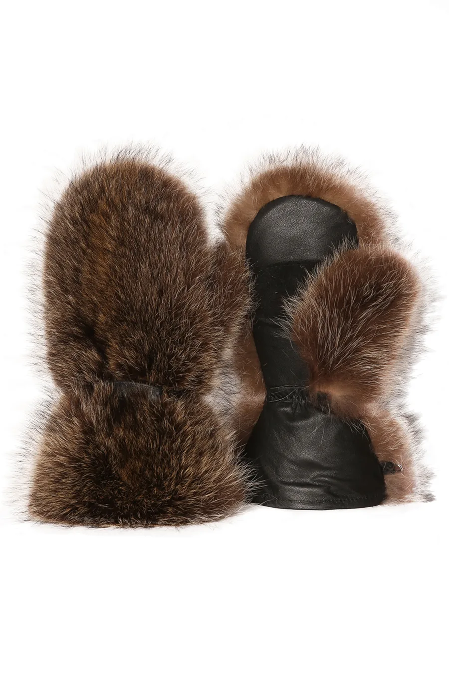 Mitaines en fourrure de Raton Laveur naturel - Longues