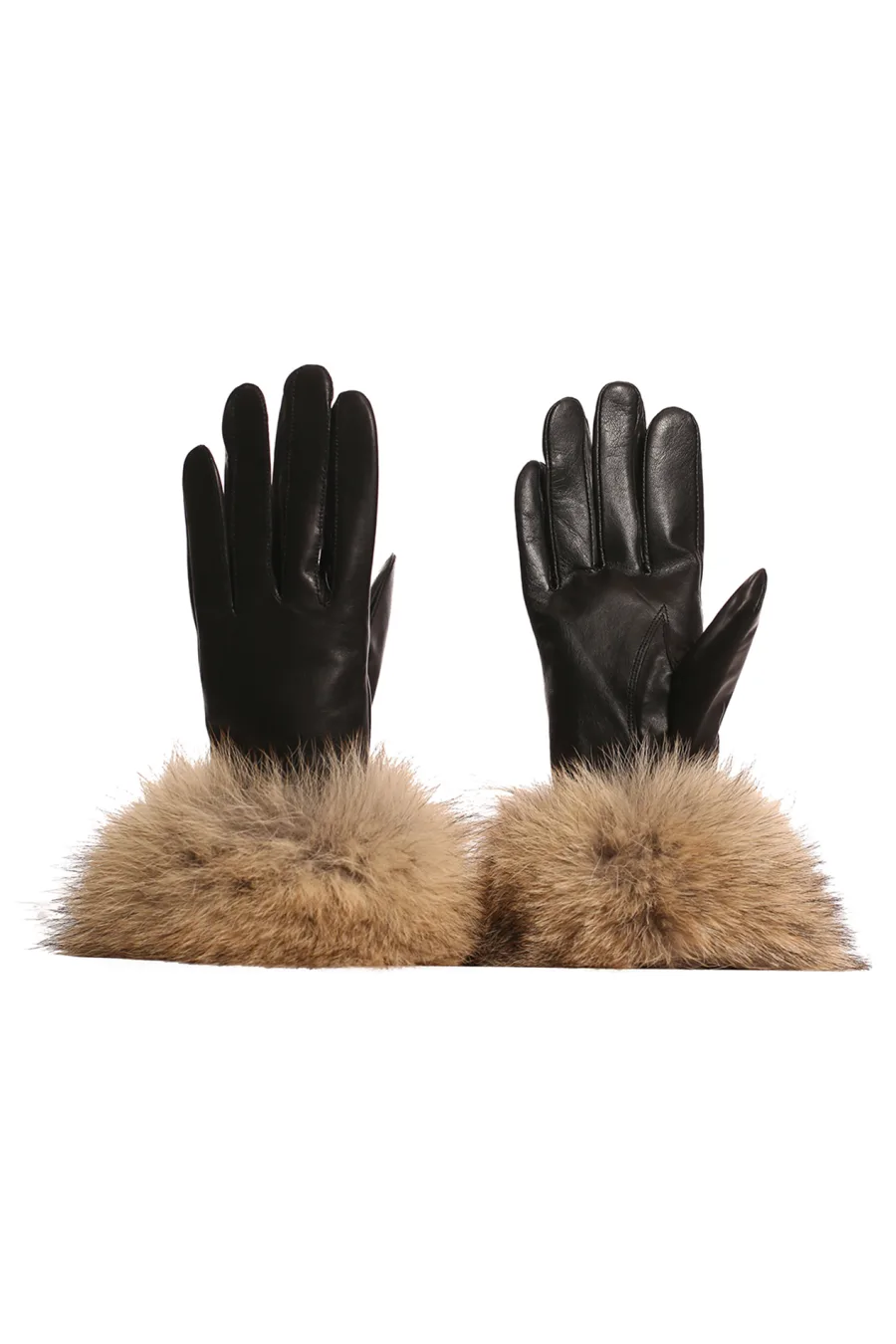 Gants en cuir noir avec bordure en Coyote Naturel