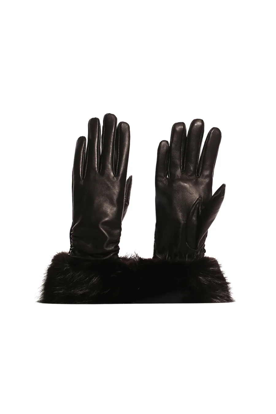 Gants en cuir noir avec bordure en Castor Noir