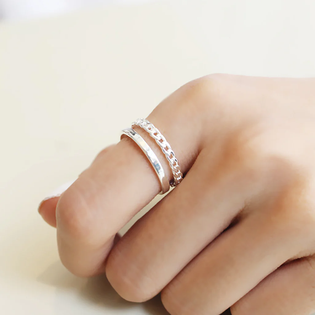 Sterling Silver Chain Double Band Ring