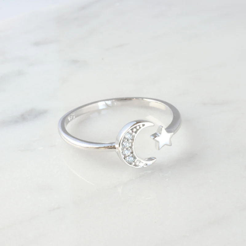 Crescent Moon Star Ring Sterling Silver