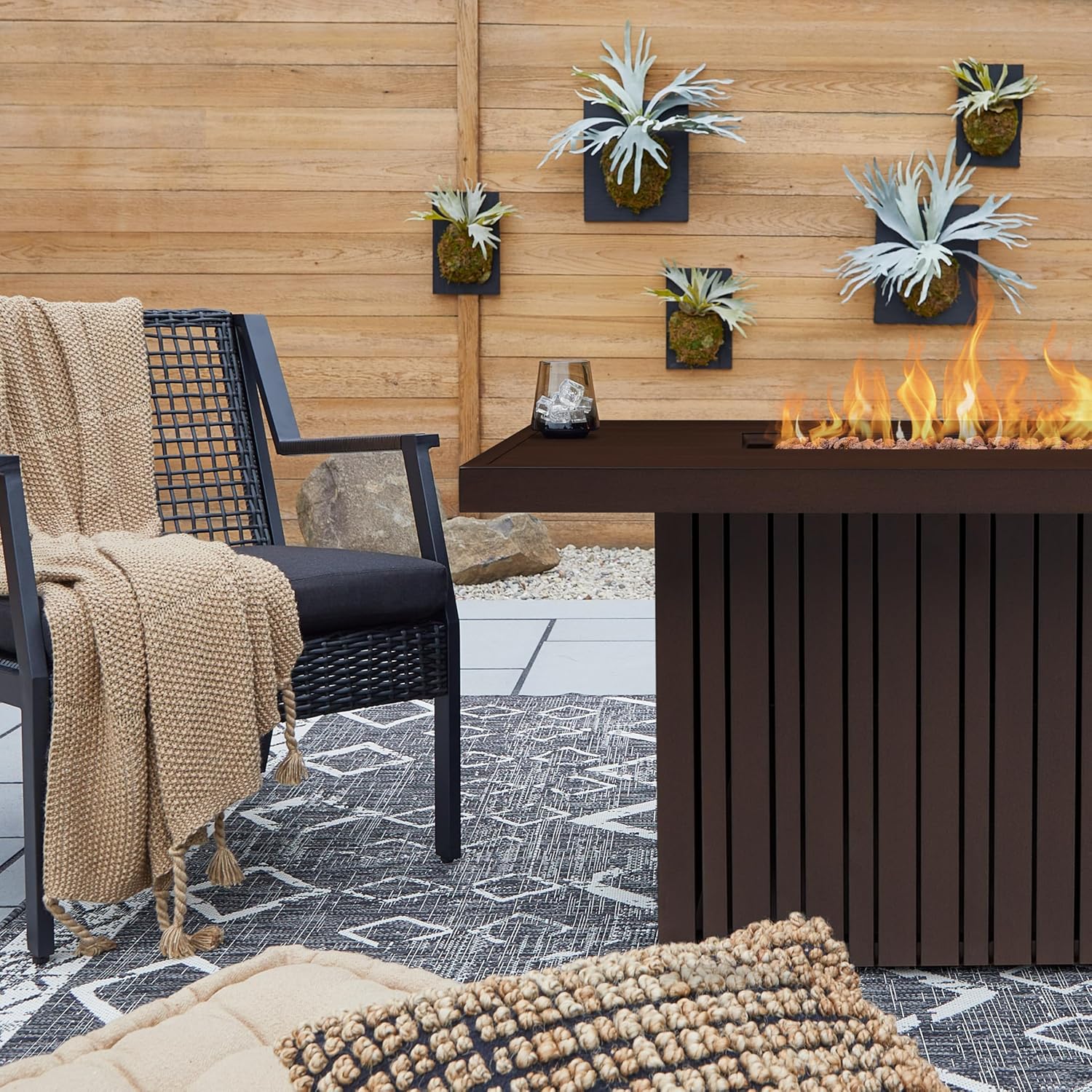 Real Flame Calvin 52in Rectangle Propane Fire Pit Table, 50,000 BTU, Hidden Tank Storage, Aluminum, Push-Button Ignition, CSA Certified, Lava Rock, Storage Cover, Stainless Steel Burner with Lid