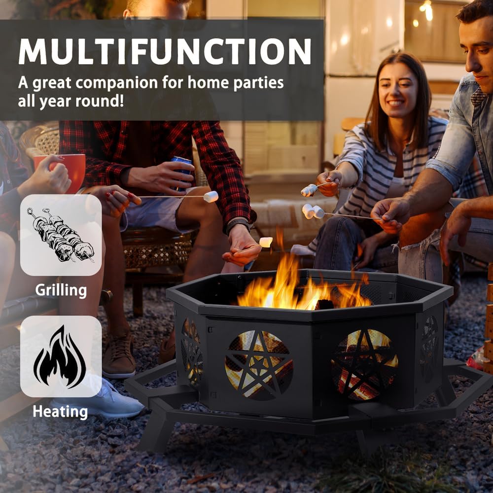 43 inch Fire Pit, Outdoor Octagonal Firepit, Heavy Duty Wood Burning Fire Pits with Star Ventilation Mesh, Outdoor Heating and Grilling, for Bonfire, Backyard, Camping, Patio, Picnic (Black, 43in)