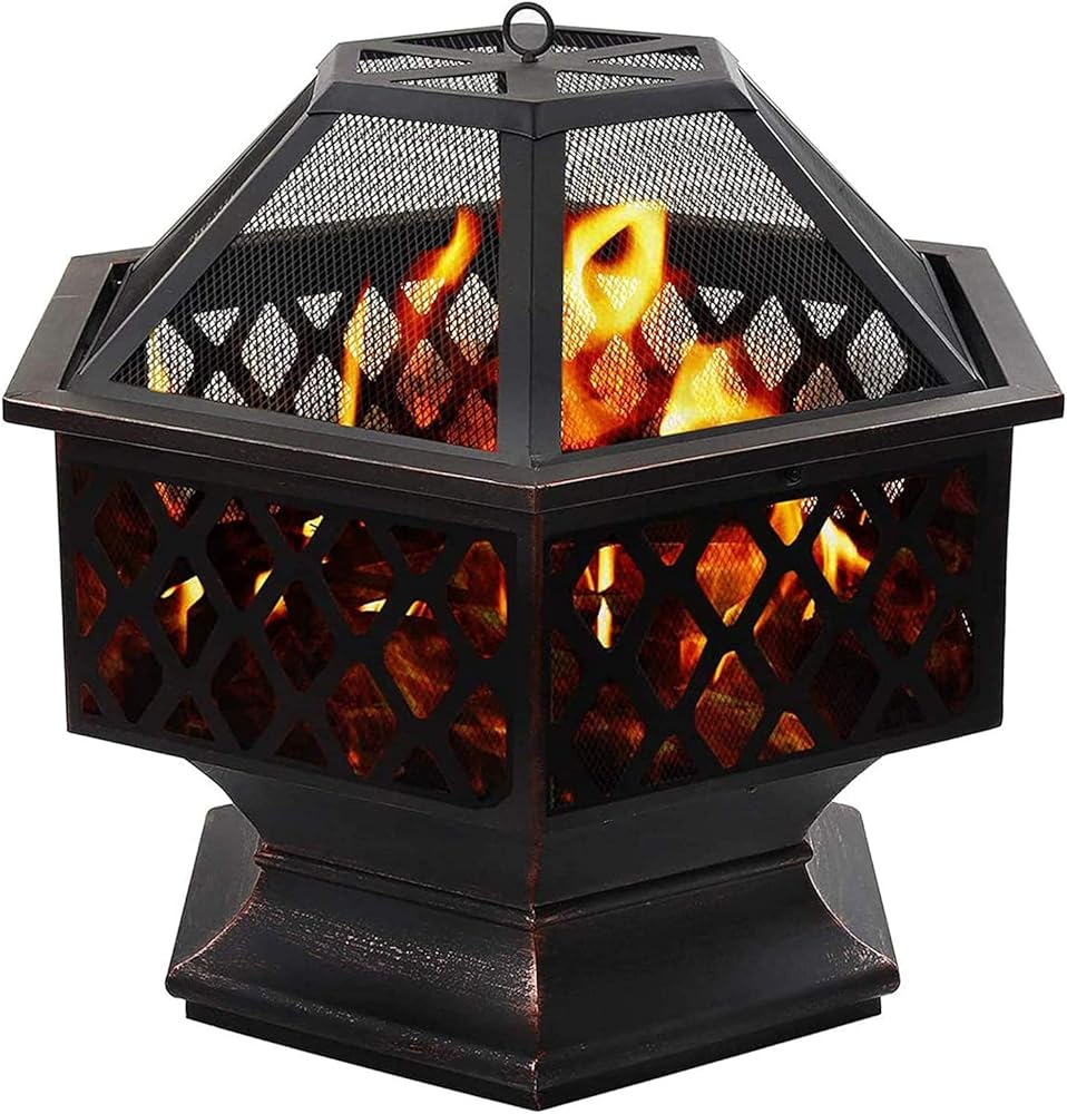 Wood Burning Bonfire Firebowl,22 Inch Hex-Shaped with Mesh Screen Firepits