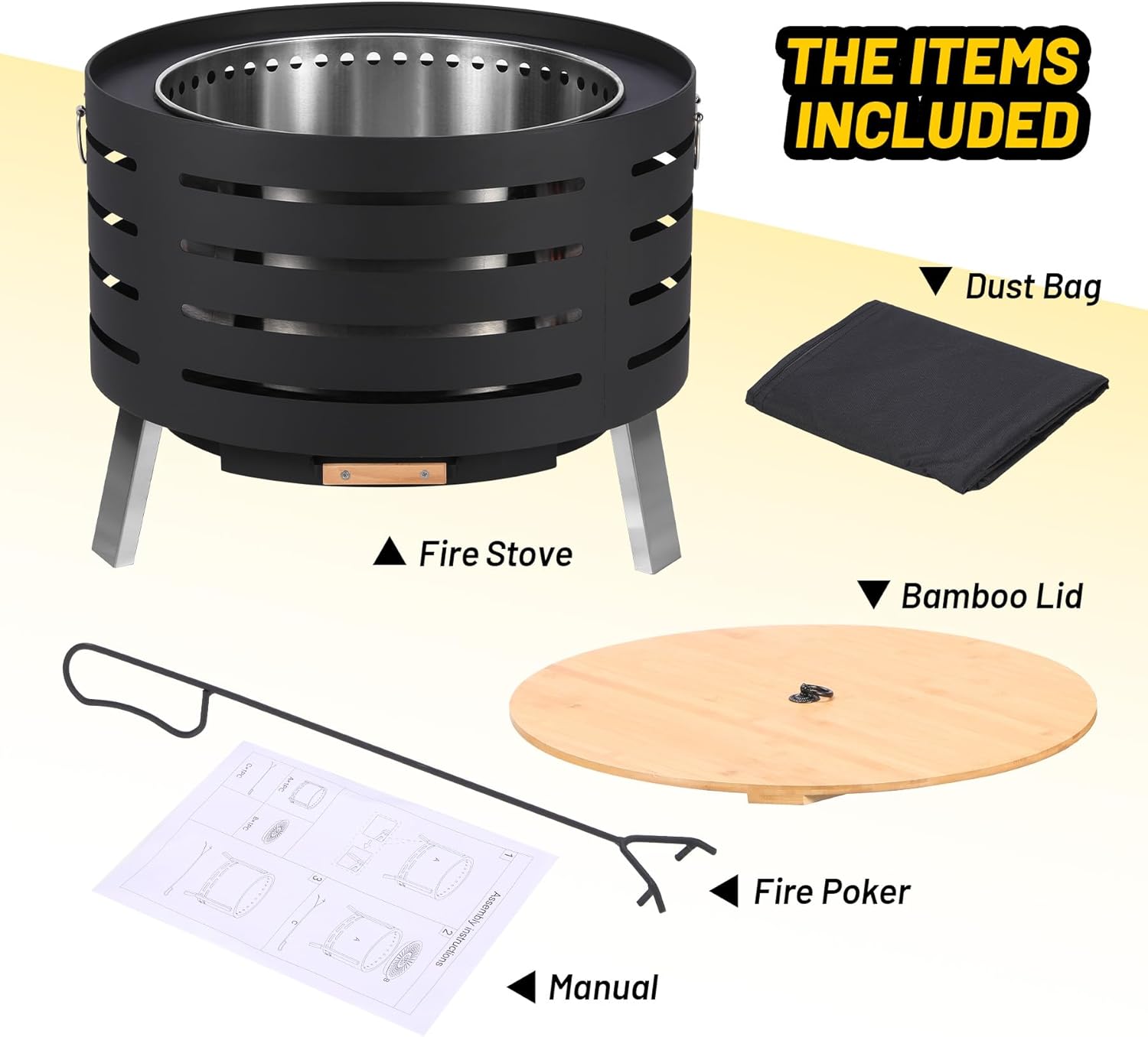30 inch Smokeless Fire Pit Outdoor - Outside Wood Burning with 360° Airflow, Removable Ash Pan & Bamboo Lid Rainproof Cloth - Low Smoke Backyard Fire Pit for Patio, Camping, Bonfire