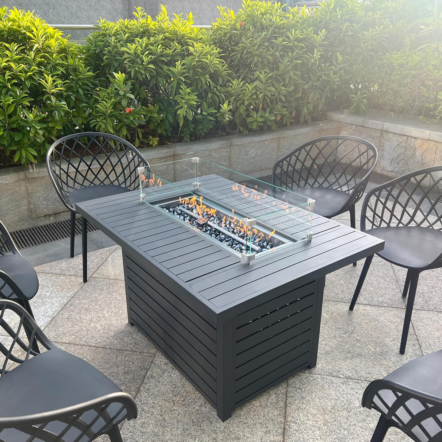 TWT 43.3 inch Outdoor Propane Fire Pit 2 in 1 Firepit Table Gas Fire Pit Table with Lid, Glass Wind Guard Rectangle Gas Firepit Table for Garden/Patio, CSA Certification (Dark Grey)