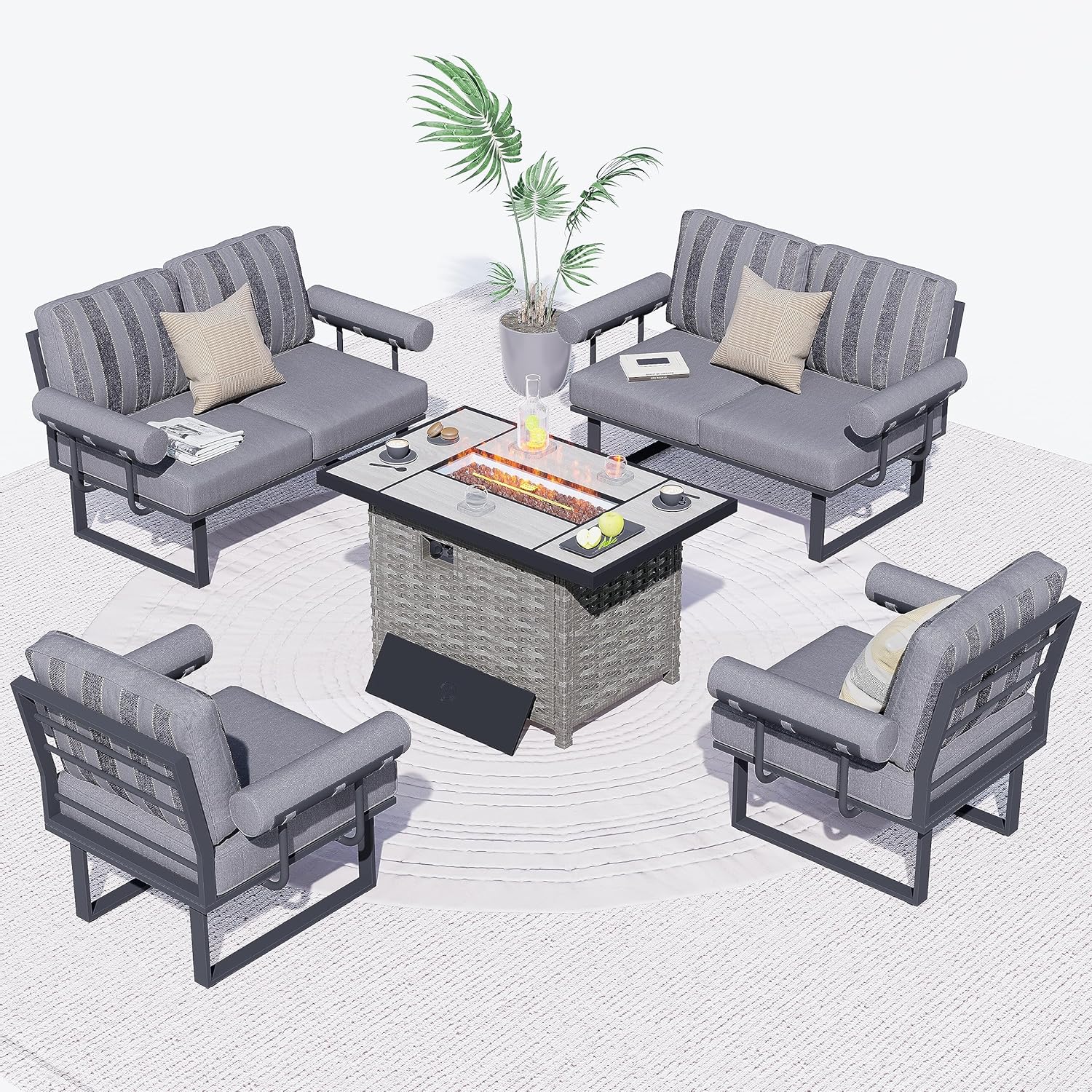 HOOOWOOO 5 Piece Outdoor Patio Furniture Set with Fire Pit,Aluminum Outside Modern Conversation Sofa,Weather Resistant Couch Seating with Table Cushioned Arm,Grey Stripe