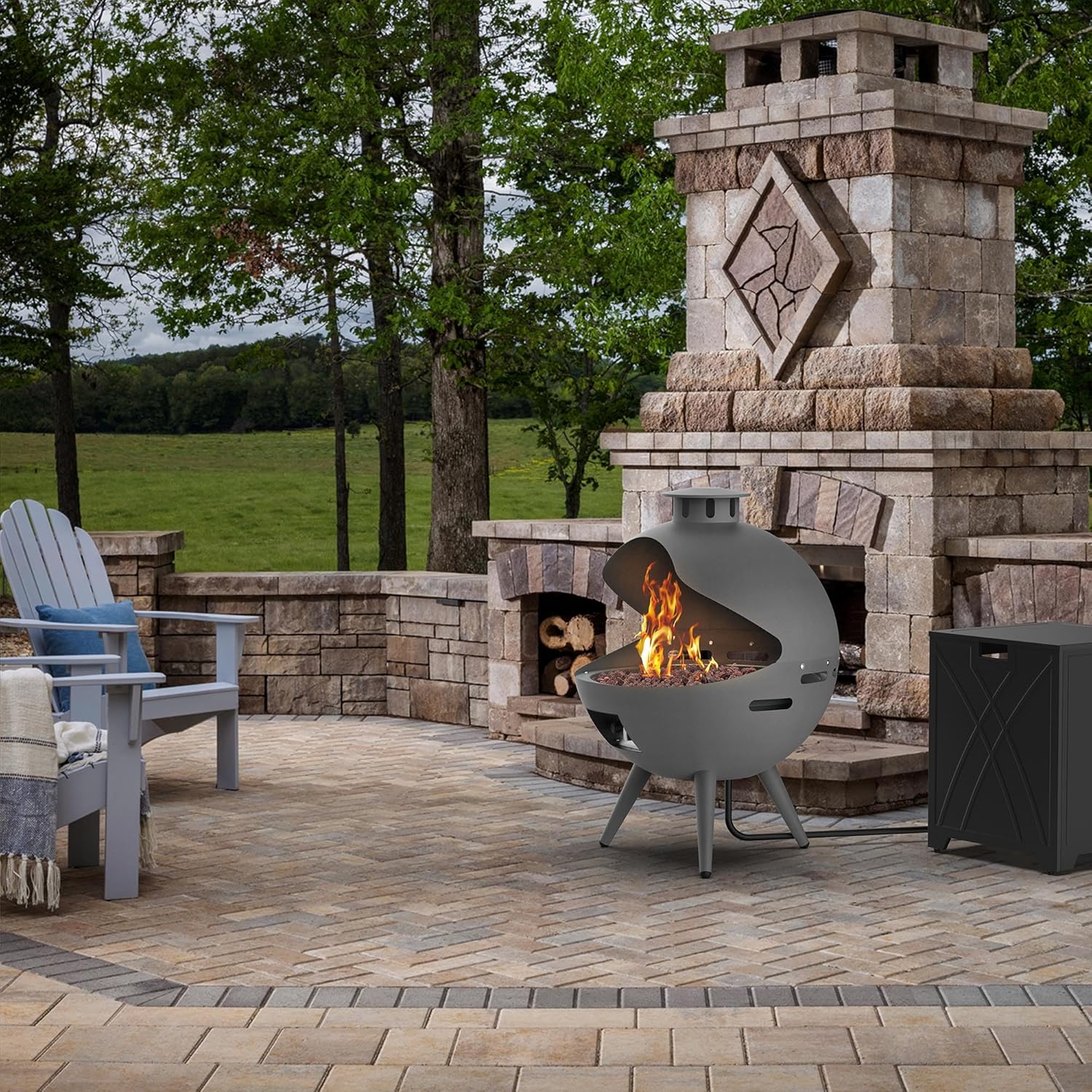 24-Inch Outdoor Propane Fireplace with 20 lb Tank Cover, 55,000 BTU Chimenea Propane Fire Pit, Hemispherical 3-Legged Firepit with Lava Rocks and Rain Cover, Gray